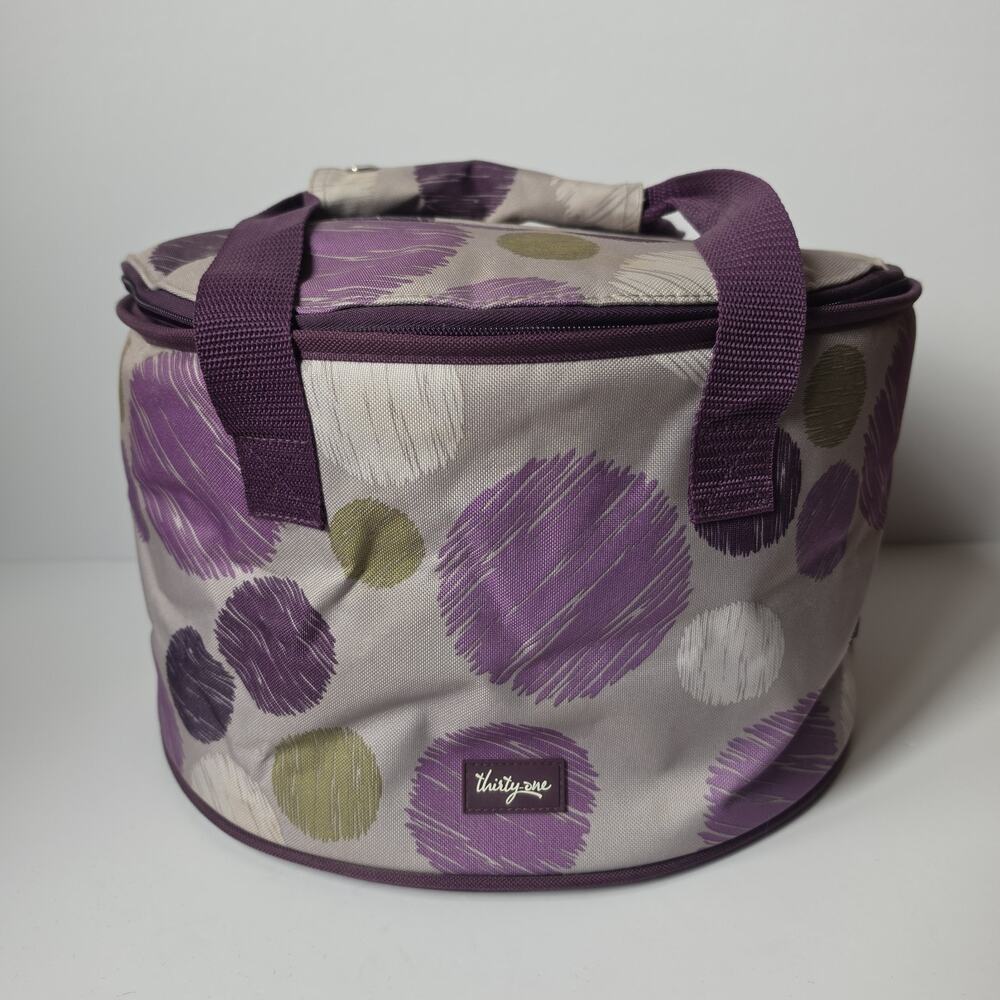 Thirty One Sketchy Dot Around We Go Thermal Insulated Round Zipper Tote 13"x 8"